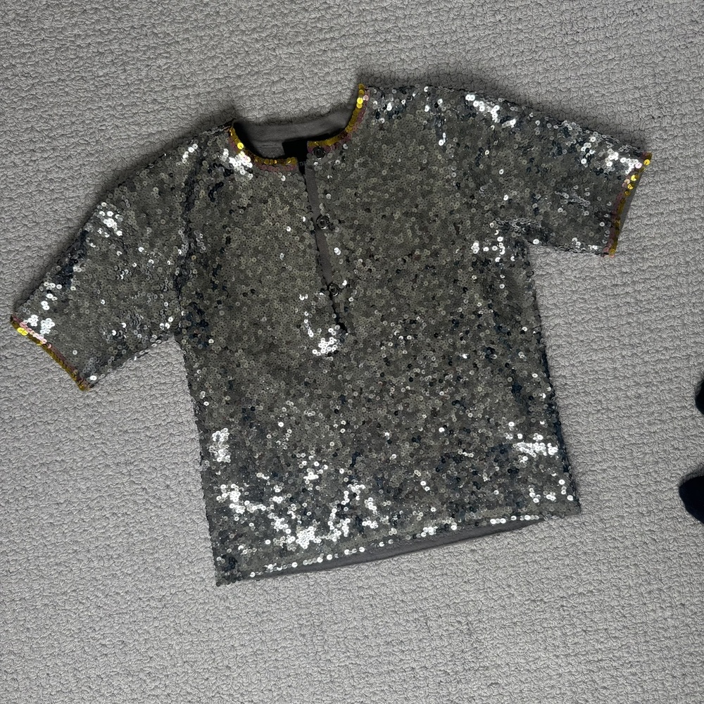 Cynthia Rowley Silver Sequin Crop Top – Gold & Multicolor Trim, Front Snap, Size